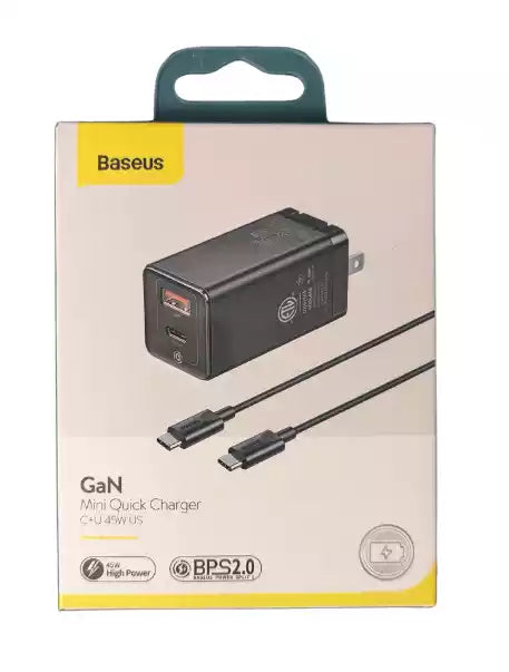 Baseus GaN Mini Quick Charger C+A 45W Charger 1M C to C Cable included
