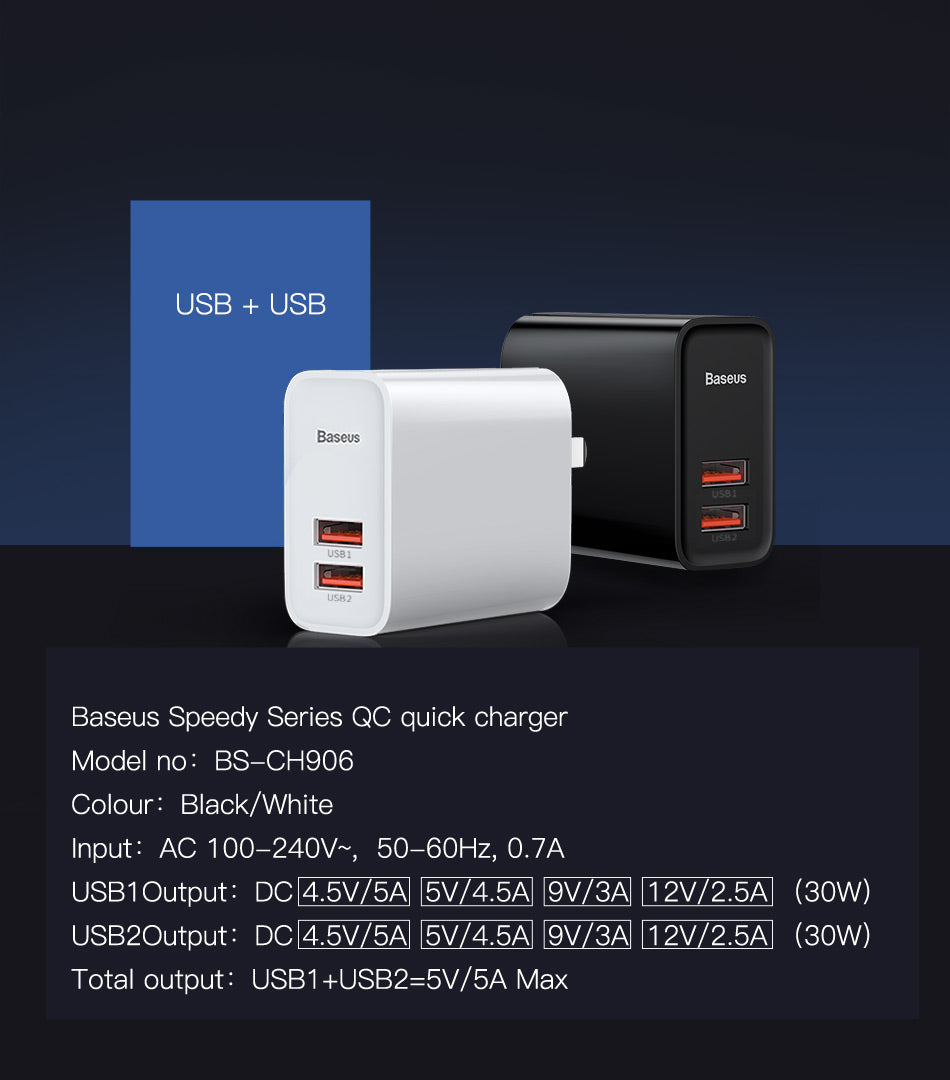 Baseus Speed 30W QC USB-A*2 Charging Adapter
