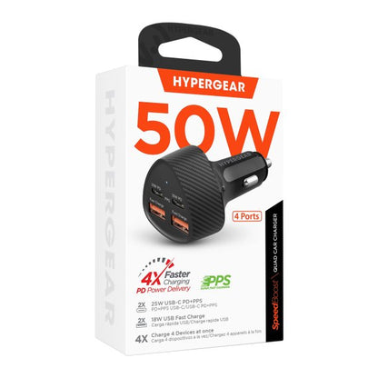 HyperGear SpeedBoost 50W Fast Charge Car Charger 50W Dual USB-C & Dual USB-A