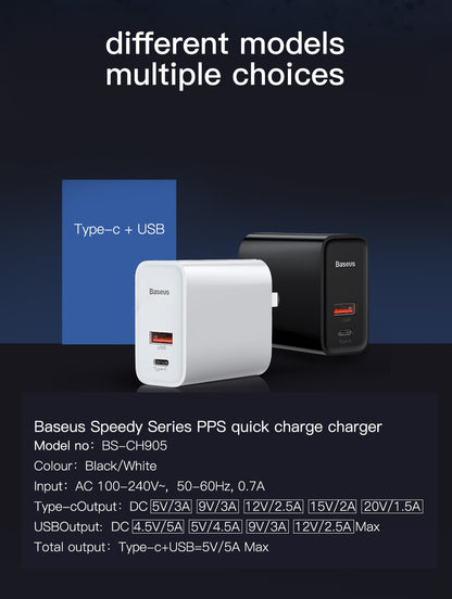 Baseus Speed PPS Quick Charger USB-A + USB-C Adapter 30W PD